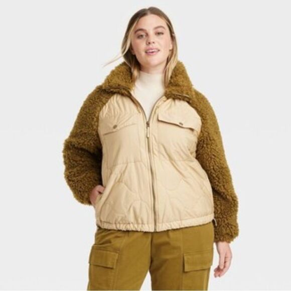 Universal Thread Women’s Tan Olive Quilted Full Zip Faux Fur Moto Jacket Medium - Picture 16 of 16